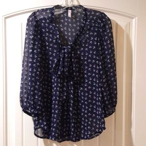 *XHILARATION* Semi-Sheer Navy Blouse w/Anc…